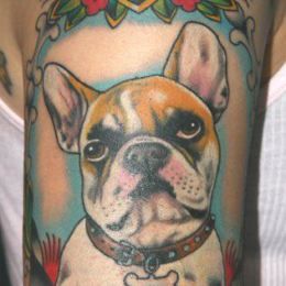 Dog Tattoos | Inked Magazine Tatoo Styles, French Bulldog Tattoo, Bulldog Tattoo, Sweet Tattoos, Tattoo Traditional, Dagger Tattoo, American Traditional Tattoo, Dog Flower, Dog Tattoo