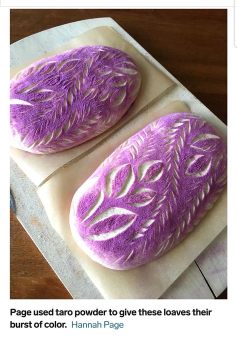 Colorful Sourdough Bread, Painting On Sourdough Bread, Beautiful Sourdough Scoring, Painted Sourdough Loaf, Sourdough Loaf Scoring Patterns, Bread Scoring, Purple Potatoes, Knead Bread Recipe, Bread Shaping