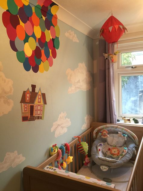 Up Inspired Nursery, Up Movie Nursery Theme, Inside Out Nursery, Disney Up Nursery Theme, Up Themed Nursery Pixar, Cartoon Nursery Themes, Nursery Disney Theme, Disney Themed Baby Room, Character Nursery Themes