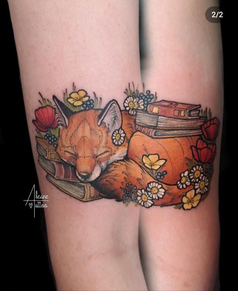 Fox And Leaves Tattoo, Fox Book Tattoo, Witchy Fox Tattoo, Owl And Fox Tattoo, Cozy Tattoo, Autumn Tattoos, Fall Tattoos, Fall Leaves Tattoo, Reading Tattoo