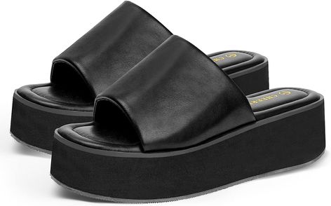 Sandals Y2k, Black Slide Sandals, Chunky Black Sandals, Dr Visuals, Shoes Slides, Platform Wedges Shoes, Black Platform Sandals, Style Evolution, Black Slides