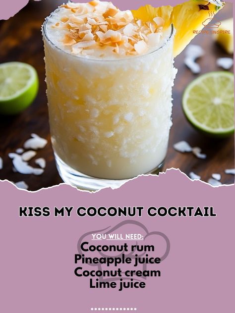 🥥🍸 Dive into a tropical dream with Kiss My Coconut Cocktail—sweet, creamy, and utterly irresistible! 🌴🥥 #KissMyCoconut #CoconutLovers Kiss My Coconut Cocktail Ingredients: Coconut rum (1 1/2 oz) Pineapple juice (2 oz) Coconut cream (1 oz) Lime juice (1/2 oz) Ice cubes (as needed) Toasted coconut flakes (for garnish) Pineapple slice (for garnish) Instructions: Shake coconut rum, pineapple juice, coconut cream, and lime juice with ice. Strain into a chilled glass. Garnish with toasted cocon... Coconut Drinks Alcohol, Coconut Rum Cocktails, Alcoholic Milkshake, Cocktails Easy, Coconut Cocktail, Christmas Cocktails Easy, Juice Coconut, Glass Garnish, Special Drinks