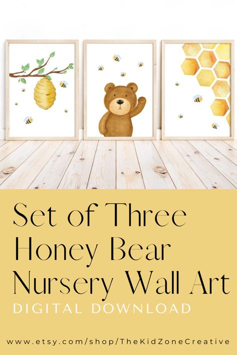 Looking for a fun and unique way to decorate your baby's nursery? Look no further than these beehive honeycomb honey bear prints! These prints are perfect for any woodland nursery or teddy bear nursery. They're also great as wall art in a child's room. The set of three bee theme prints includes one print of a bear, bees, a beehive and honeycomb. So why not add these amazing pieces of wall art to your shopping list today? Honey Bee Nursery Ideas, Bear And Bee Nursery, Honey Bear Nursery Theme, Bee Themed Nursery Baby Rooms, Honeybee Nursery Ideas, Honeybee Themed Nursery, Honey Bee Nursery, Teddy Bear Wall Art, Modern Nursery Wall Art