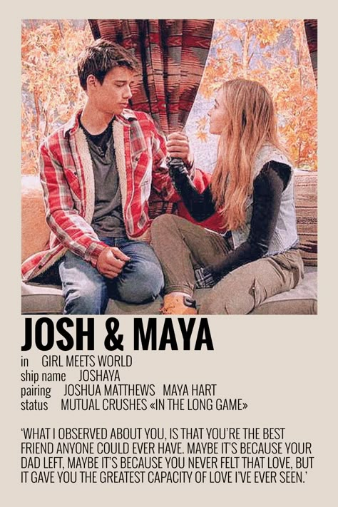 Maya And Josh Girl Meets World, Movie Character Posters, Minimalist Polaroid Poster, Polaroid Posters, Tv Show Couples, Ship Poster, Disney Channel Shows, Film Posters Minimalist, Polaroid Poster