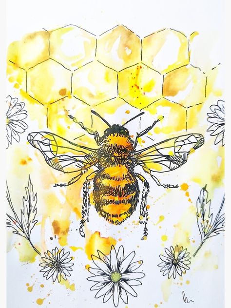 Drawing Of A Bee, Honeycombs Drawings, Bee Journal, Bee Drawing, Bee Painting, Bee Illustration, Pen Art Drawings, Watercolor Painting Techniques, Pretty Drawings