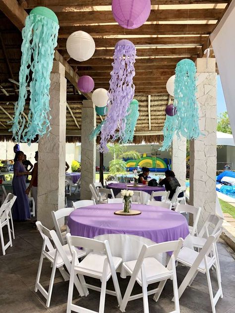 LET’S BE MERMAIDS! | CatchMyParty.com The Little Mermaid Decorations, Mermaid Theme Centerpieces, Mermaid Centerpiece Ideas Diy, Little Mermaid Centerpiece Ideas, Mermaid Birthday Party Centerpieces, Mermaid Centerpiece Ideas, Mermaid Decorations Party, Mermaid Theme Party Decorations, Little Mermaid Party Decorations