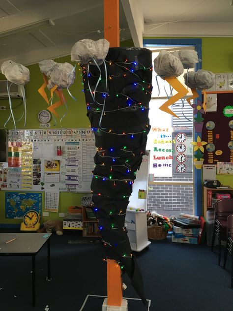 Our tornado for 'Wild and Wacky Weather' unit Weather Classroom Transformation, Tornado Classroom Decoration, Weather Room Transformation, Weather Decorations For Classroom, Weather Classroom Decorations, Weather Eyfs, Tornado Project, Diy Tornado, Weather Party