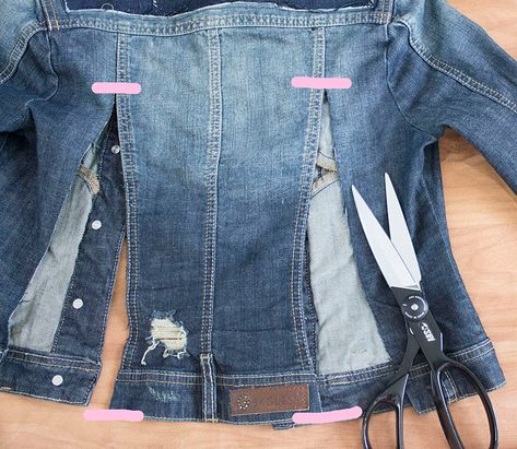 Sew Much Love, Mary: Madewell Inspired Distressed Denim Jacket Refashion Diy Denim Trench Coat, Diy Distress Jean Jacket, Diy Jackets For Women, How To Alter A Denim Jacket, Repurpose Denim Jacket, Sew Denim Jacket, Altered Jean Jacket, Denim Refashion Diy, Fancy Denim Jacket