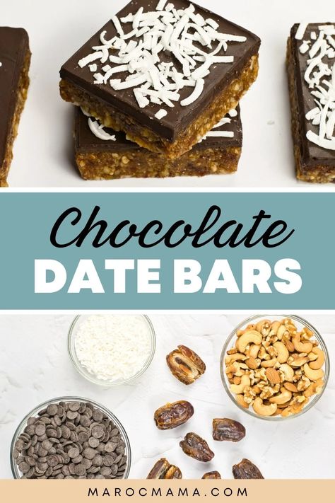 Chocolate date bars are a quick, nutritious treat combining the natural sweetness of dates, the crunch of mixed nuts, and rich dark chocolate for a perfect snack. Chocolate Date Bars Recipe, Coconut Chocolate Bars, Chocolate Protein Bars, Date Bars, Nut Bar, Chocolate Nuts, Mixed Nuts, Chocolate Coconut, Protein Bars