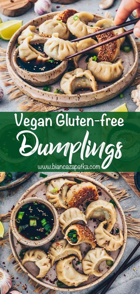 How to make homemade vegan gluten-free dumplings with vegetable filling - This egg-less 4 ingredient dough recipe is easy to make with rice flour and can be used for dumpling wrappers or as pasta dough for ravioli. Perfect for anyone who suffers from gluten intolerance but loves Asian or Italian cuisine. It’s super simple, cheap and so delicious! #dumplings #gyoza #veganrecipes #vegetarian #recipes #food #vegan #potstickers #chinesefood #foodrecipes #garlic #spicy #glutenfree #sauce #asianfood # Gluten Free Asian Dumplings, Vegan Gluten Free Ravioli, Gluten Free Ravioli Recipe, Italian Dumplings, Gluten Free Dumpling Wrappers, Vegan Gyoza, Gluten Free Ravioli, Vegan Potstickers, Gluten Free Asian Recipes