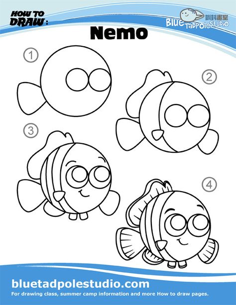 How To Draw Nemo, Drawing Ideas Disney, Easy Fish Drawing, Planner Doodles, Easy Disney Drawings, Kitten Drawing, Drawing Lessons For Kids, Cute Disney Drawings, Kid Projects