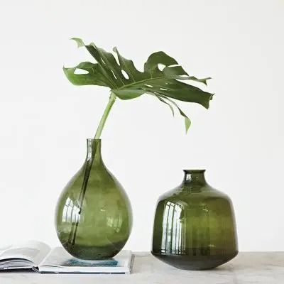 IN DEEP BLOOM | Shop Sales Events Antique Farmhouse Glass Vase Styling, Mid Century Modern Vase, Christmas Bud Vases, Green Glass Decor, Transparent Texture, Round Glass Vase, Beautiful Vases, Boho Scandinavian, Green Glass Bottles