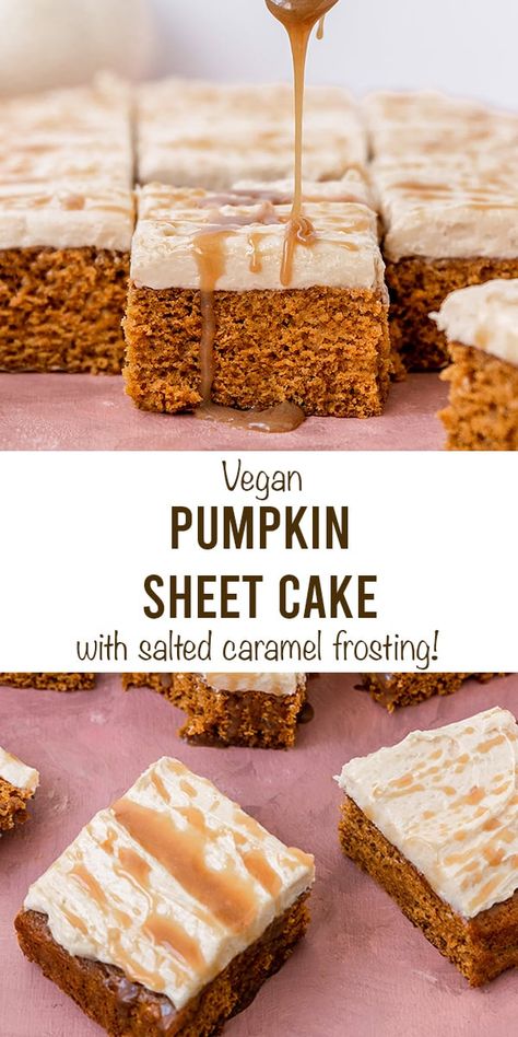 This Easy Vegan Pumpkin Cake is topped with Vegan salted caramel frosting and caramel sauce for the BEST Fall Pumpkin Cake recipe that is super moist too. Making a soft & fluffy pumpkin sheet cake from scratch couldn't be more simple with this dairy-free and egg-less recipe. #sgtoeats #veganpumpkincake #saltedcaramelfrosting #pumpkincake Dairy Free Pumpkin Cake, Fall Sheet Cake, Fall Pumpkin Cake, Vegan Pumpkin Cake, Cake With Caramel Frosting, Pumpkin Cake Recipe, Vegan Salted Caramel, Salted Caramel Buttercream, Salted Caramel Frosting