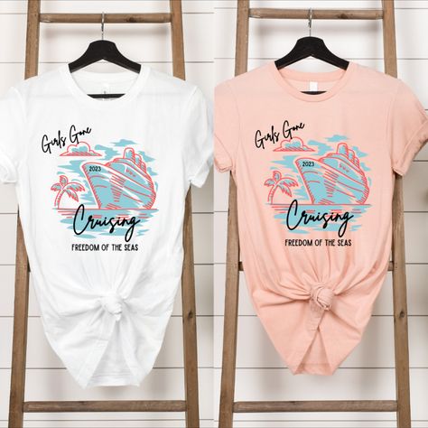 If you'll be Girls Gone Cruising soon and looking for Girls Cruise tshirts, these Girls Cruise Trip shirts are perfect! These ultra soft matching girls tshirts and girls trip cruise shirts are great for any group cruise planned with a bunch of besties! These custom cruise shirts can be personalized with the year of your trip and custom text on the bottom of the shirt (such as the cruise ship name or any tagline you desire)! Girls Cruise Shirts Ideas, Cruise Trip Shirts, Freedom Of The Seas, Ship Name, Group Cruise, Cruise Shirts, Long Tee Shirts, Cruise Trip, Cruise Planning