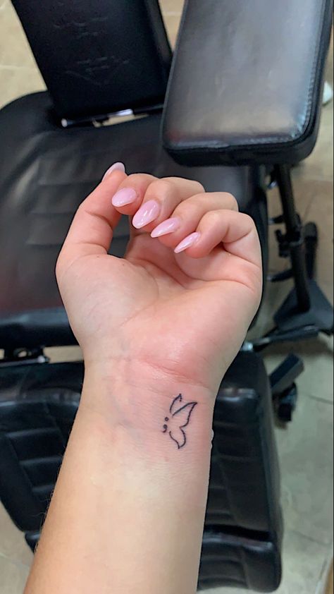 Butterfly Semicolon, Health Tattoo, K Tattoo, Pretty Hand Tattoos, Small Pretty Tattoos, Healing Tattoo, Pretty Tattoos For Women, Small Hand Tattoos, Cute Tattoos For Women