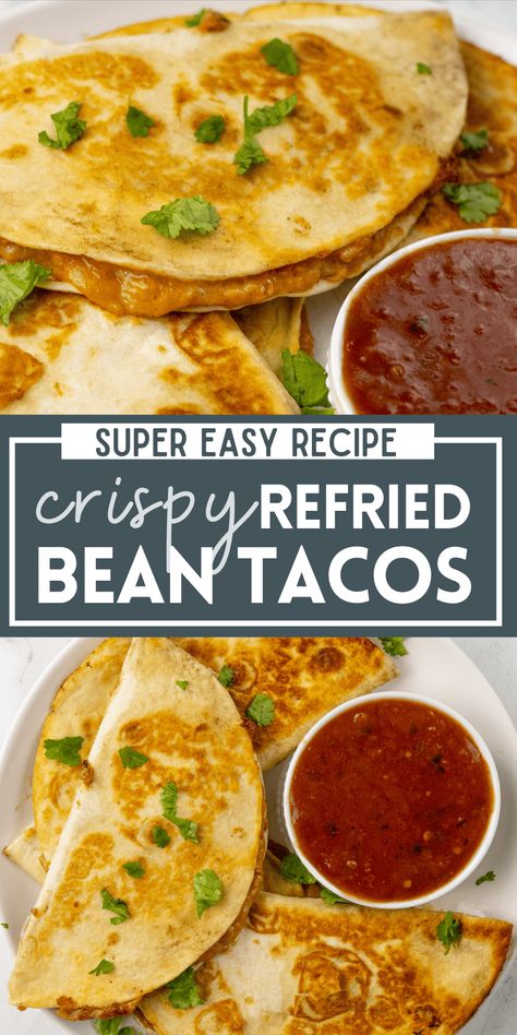 These Crispy Refried Bean Tacos are loaded with melty cheese and refried beans. You need just 5 simple ingredient to make this easy weeknight dinner. Serve this easy Mexican recipe with guacamole, salas, and sour cream, for a dinner the whole family will love! Recipes With Refried Beans, Refried Bean Tacos, Vegan Refried Beans, Refried Bean, Homemade Refried Beans, Refried Beans Recipe, Guacamole Salsa, Super Easy Dinner, Mexican Recipe