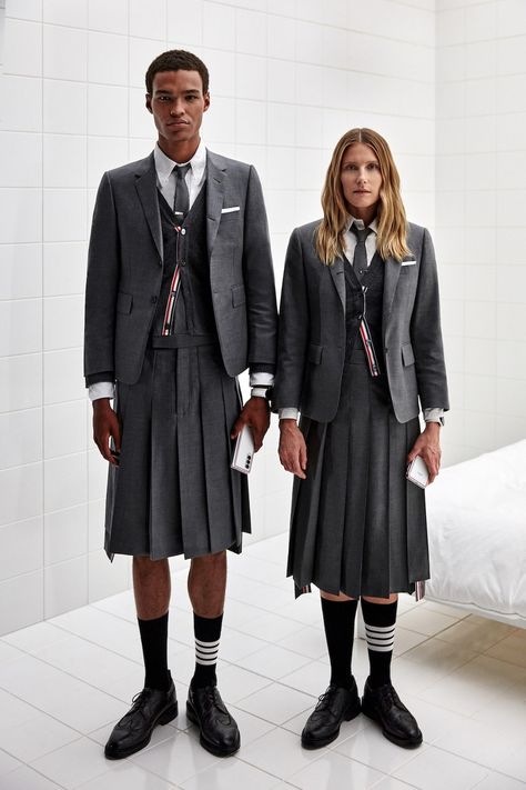 The limited-edition devices allow you to enter the world of Thom Browne, staying connected and stylish, and lets you be a part of a unique collaboration. Thom Browne Inspired Outfit, Thom Brown Skirt, Thome Brown 2024, Thome Brown Outfit, Thom Browne Outfit, Thom Browne Street Style, Brown School Uniform, Thome Brown, Male Skirt