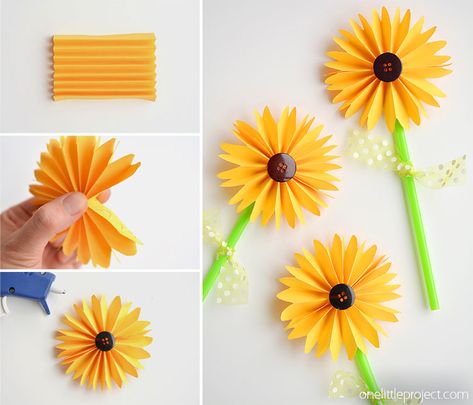 How To Make Sunflowers Out Of Paper Easy, Diy Sunflower Paper Crafts, Sunflower Mothers Day Craft, Easy Paper Sunflowers, Making Sunflowers Paper Flowers, Diy Sunflowers How To Make, Construction Paper Sunflower, Sunflower Kids Craft, Tissue Paper Sunflowers Diy