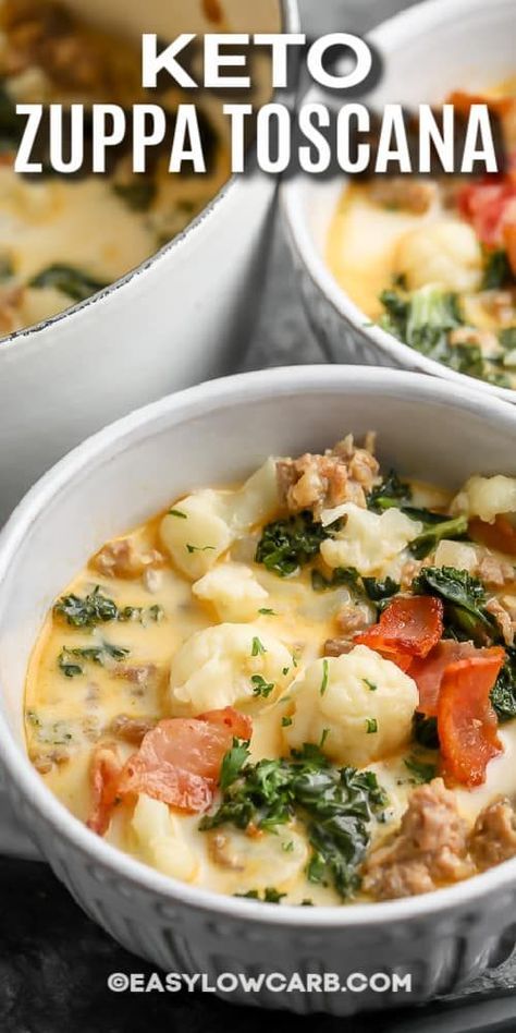 Keto Zuppa Toscana Soup is sure to be the new low-carb soup favorite. Loaded with tasty vegetables like cauliflower and kale, then finished with cream and bacon it's so satisfying and truly delish! #easylowcarb #ketozuppatoscana #ketozuppatoscanasoup #zuppatoscanaketo #soup #recipe #lowcarb #withcauliflower #souprecipes #easy #olivegarden Sausage Soup Recipes Keto, Zappa Toscana Soup Keto, Zupa Toscana Soup Keto, Zuppa Toscana Keto, Zappa Toscana, Keto Zuppa Toscana, Keto Zuppa, Zuppa Toscana Soup Olive Garden, Garden Soup