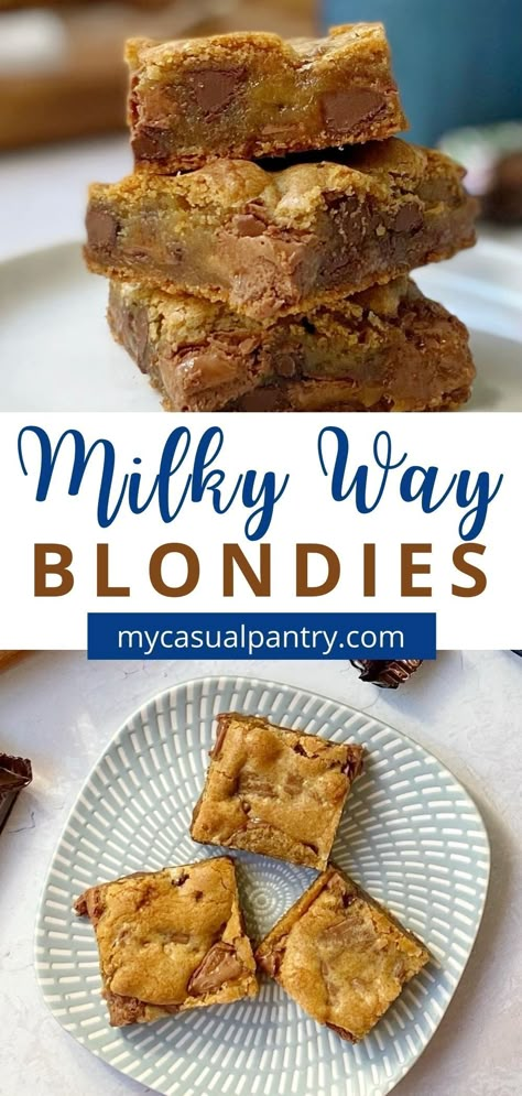 Milky Way Blondies are classic cookie bars amped up with leftover Halloween candy. These chewy bars require just a handful of staple ingredients and couldn't be easier to make. Leftover Candy Recipes, Candy Bar Desserts, Milky Way Bars, Holiday Bars, Recipes For Hosting, Milky Way Cookies, Dessert Bars Recipes Easy, Halloween Candy Recipes, Halloween Sweet Treats