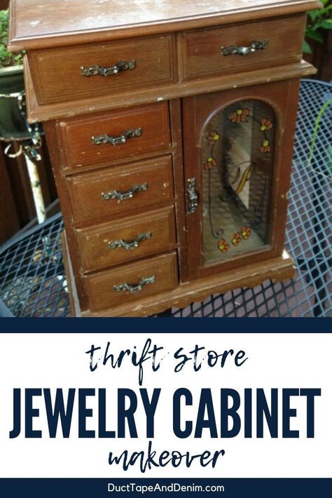 This simple thrift store project was one of my favorites. This would be a great jewelry cabinet makeover to start with -- save all those old jewelry boxes from landfills! Update them with paint, decoupage, and a few other tricks... #ducttapeanddenim #jewelrycabinet #jewelrycabinetmakeover #thriftstoremakeover #upcycled #thrifted #thriftstorefind #diyjewelrycabinet #jewelrybox #DIYjewelrybox How To Repurpose A Jewelry Armoire, Jewelry Box Make Over, Refinish Jewelry Box How To, Jewelry Armoire Repurpose, Jewelry Organization Ideas Diy, Painted Jewelry Cabinet, Repainted Jewelry Boxes, Jewelry Box Redo Diy, Jewelry Box Makeover Diy Ideas