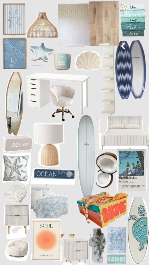 Beach room 🌊🐚🥥☀️🧿🪩 Costal Bedroom Idea Teen, Room Ideas Aesthetic Ocean Theme, Pastel Beach Bedroom, Beach Themes Bedroom, Beach Room Vanity, Beach Themed Desk, Beach Room Asthetics, Beach House Room Aesthetic, Teen Beach Room Ideas