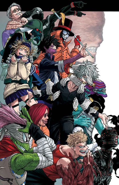 The League of Villains (in Japanese: 敵連合, Viran rengō) is the main antagonistic organization from the manga/anime series My Hero Academia. They are a group of villains and criminals, whose objective is destroy the society of Pro Heroes, and create a new one with them at the top of the world, filled with nothing but chaos. The group was founded by a man known as All For One, but is currently lead by Tomura Shigaraki, with Kurogiri as the second-in-command and Shigaraki's assistant... League Of Villains, Petite Blonde, My Hero Academia Bakugou, Villain Character, Tomura Shigaraki, Anime Villians, Academia Wallpaper, Tv Tropes, My Hero Academia Memes