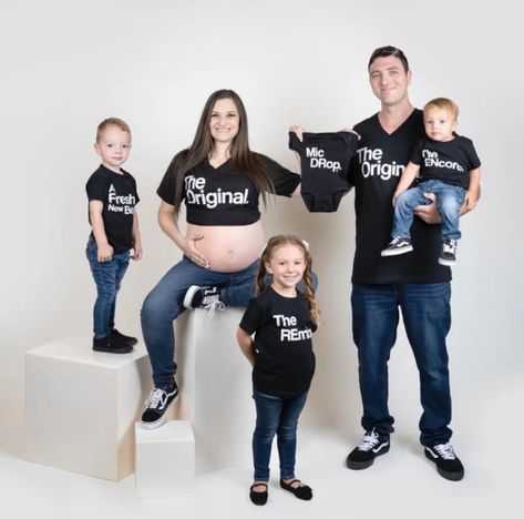 The Original The Remix The Encore® matching family set shown with tri-blend black shirts. These amazingly soft tees are perfect for family vacations, family photo shoots, baby shower gifts, adoption celebration, and the cutest most unique pregnancy and birth announcements!  WHEN WILL MY ORDER SHIP?: * Our processing time is 7-10 business days, unless stated otherwise in the listing. This is time allotted to process before shipping. Choosing priority or overnight options DOES NOT rush order for n Matching Hospital Outfits For Family, Baby Shower Shirts For Family Design, Family Get Together Outfit, Mom And Teen Son, All Black Family Photoshoot Outfits, Black Outfit Family Photoshoot, Adoption Celebration, Family Baby Announcement, Matching Family T Shirts