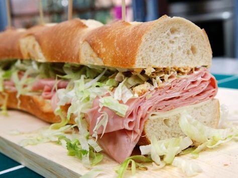 Get Jeff Mauro's Giant Mortadella Sub Recipe from Food Network Mortadella Sandwich, Submarine Sandwich, Big Sandwich, Jeff Mauro, The Kitchen Food Network, Sub Sandwich, French Fried Onions, Sub Sandwiches, Simple Sandwiches