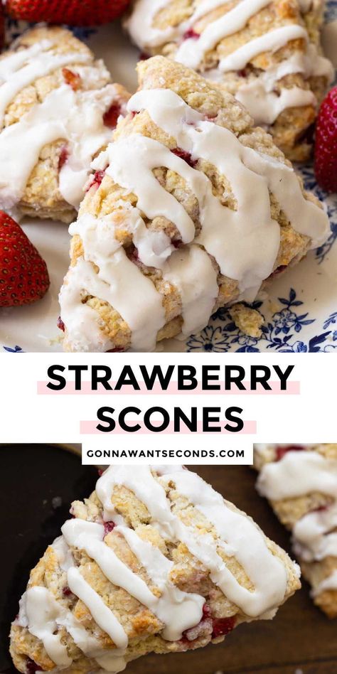 *NEW* These fresh strawberry scones with vanilla glaze are delicately soft, tender, and moist. They literally melt in your mouth. #strawberryscones #scones Strawberry Scones, Lemon Scones, Homemade Scones, Strawberry Dessert Recipes, Pumpkin Scones, Delicious Deserts, Vanilla Glaze, Delicious Breakfast Recipes, Sweet Breads