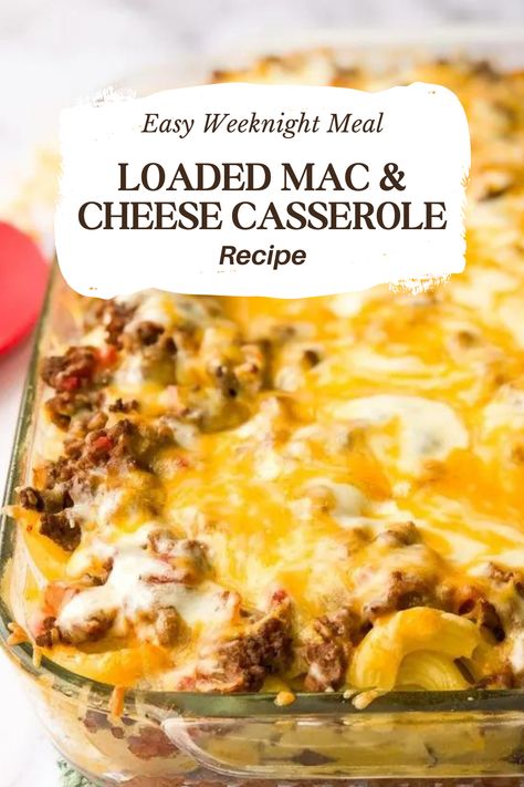 If this recipe doesn’t SCREAM comfort food, I don’t know what does! This Loaded Mac & Cheese Casserole is packed with cheesy, meaty goodness! This dish comes together in seriously no time at all and it’s a meal that the entire family will love. Made with macaroni noodles, ground beef, garlic, marinara sauce, canned tomatoes, and of course, cheese! You probably already have all these ingredients on hand, let’s get cooking! Cheesy Beef Macaroni Casserole, Crockpot Beef Mac And Cheese Recipe, Macaroni And Ground Beef Casserole, Baked Mac And Cheese With Ground Beef, Macaroni Noodles And Ground Beef, Macaroni And Cheese Casserole With Meat, Ground Chicken Mac And Cheese, One Dish Ground Beef Meals Easy Dinners, Loaded Mac And Cheese Casserole