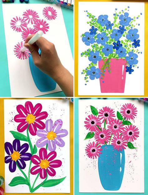 Smart Flower Painting Hacks for Kids | art, floral design | Cool Flower Painting Hacks and Art Ideas for Beginners! | By Activities For Kids | Facebook | Hello everyone, so here we are making a flower bouquet. For that first we are making the body of the flower pot with blue colour and then we are making flower designs by using this brush. Here we are using pink colour. You can use any colour you want and then we are detailing it with black and light pink colour and then we are growing the stems Flower Art Elementary, Preschool Canvas Art Ideas, Flower Art For Preschool, Flower Painting For Kids, Flower Art Projects For Kids, Cute Scenery, Flower Painting Images, Art Ideas For Beginners, Painting Hacks