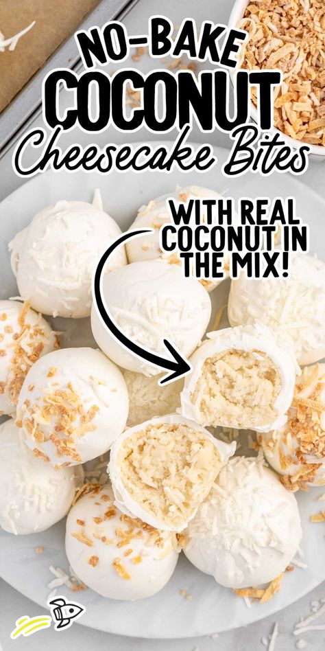 Coconut Cheesecake Bites No Bake Coconut Cheesecake, Cake Ball Recipes, Cheesecake Bites Recipe, Dessert To Make, Chocolate And Coconut, Cake Filling, Coconut Cheesecake, Dessert Aux Fruits, Candy Recipes Homemade