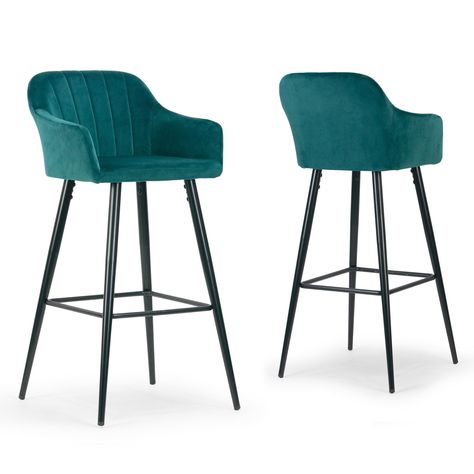 Teal Bar Stools, Glamour Home, Cool Bar Stools, Chairs For Small Spaces, Teal Velvet, Decorative Stitching, Modern Bar Stools, Modern Bar, Counter Bar Stools