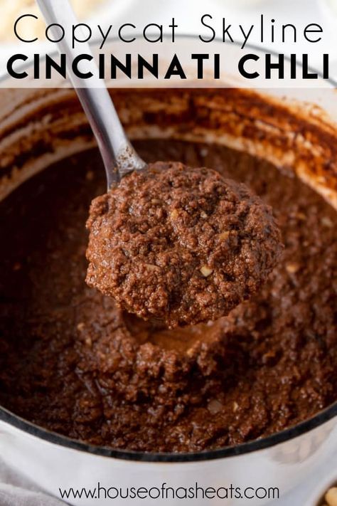 Thick, meaty, and comforting, Skyline Cincinnati Chili is big in Ohio. The flavorful meat sauce is served at "chili parlors" over a bed of spaghetti noodles or hot dogs. Top with chopped onions, kidney beans, mounds of finely grated cheddar cheese and oyster crackers for "the works", or just stick with the a simple 3-way of chili and cheese. #cincinnatichili #cincinnati #chili #meatsauce #spaghetti #skyline #goldstar #homemade #fromscratch #best #easy #slowcooker #instantpot #crockpot Skyline Chili Crockpot, Weinersnitchel Chili Recipe, Goldstar Chili Recipe, Crockpot Skyline Chili, Cinncinati Chili Recipe Cincinnati, Skyline Chili Recipe Copycat, Cincinnati Chili Crockpot, Cinncinati Chili Recipe, Copycat Skyline Chili Recipe