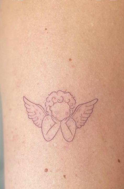 Cherub Tattoo Minimalist, Angel Outline Tattoo Simple, Angel Minimal Tattoo, Minimalistic Angel Tattoo, Fine Line Cherub Tattoo, Fineline Angel Tattoo, Angel Tattoo Minimal, Small Cupid Tattoo, Mini Angel Tattoo