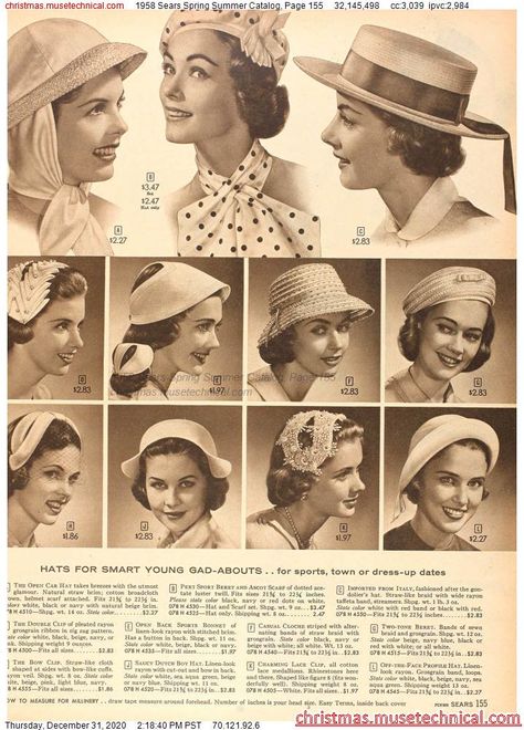 1950s Sears Catalog, 1950 Accessories, 1950s Hats, Dior New Look, 60s Women, Kinds Of Hats, Barbie Hat, Vintage Millinery, Fifties Fashion