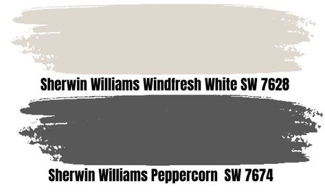 Sherwin Williams Windfresh White Peppercorn Palette, Windfresh White, Sherwin Williams Pewter Green, Peppercorn Sherwin Williams, Sherwin Williams Peppercorn, Sherwin Williams Comfort Gray, Dark Gray Paint, White Sherwin Williams, Dark Gray Paint Colors