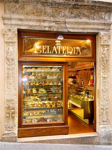 In Orvieto, Italy, of course, the gelato is molto buono! Italian Store Design, Italian Bookstore, Italian Gelato Shop Aesthetic, Italy Store Fronts, Gelato Store, Italy Grocery Store, Beautiful Bakery, Orvieto Italy, Italian Ice Cream