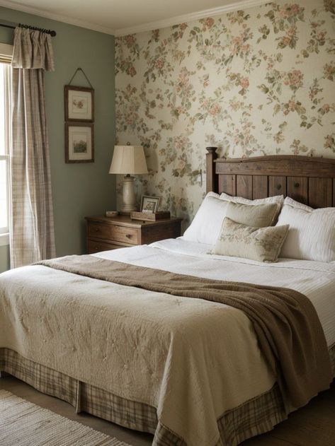 Create a charming country-inspired bedroom by adding an accent wall with vintage floral wallpaper. Pair it with a distressed wood bedframe and complete the cozy look with a cozy plaid throw blanket and rustic lantern bedside lamps. Rustic Accent Wall, Plaid And Floral, Vintage Floral Wallpaper, Country Bedding, Plaid Throw Blanket, Rustic Lanterns, Vintage Floral Wallpapers, Bedside Lamps, Plaid Throw