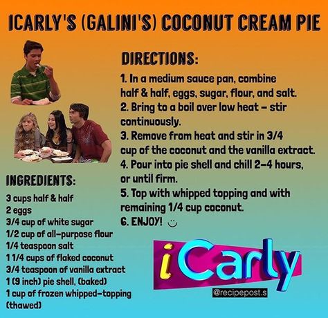 ICarly Coconut Cream Pie Recipe Cartoon Recipe, Disney Movie Night Food, Disney Inspired Recipes, Disney Themed Food, Disney Dishes, Disney Inspired Food, Homemade Recipe Books, Coconut Cream Pie Recipes, Movie Night Food