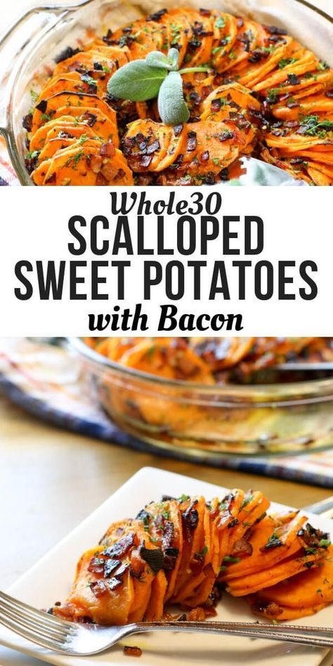 Scalloped Sweet Potatoes with Bacon (Whole30, Paleo) - Make this for an easy weeknight side dish or a fancy dinner party. Either way, these Scalloped Sweet Potatoes with Bacon are Whole30 and Paleo and require only 4 ingredients. | Prepae and Nourish | Scalloped sweet potato recipe | easy side dish | whole30 side dish | paleo side dish | healthy side dish || #sidedish #paleo Sweet Potatoes With Bacon, Appetizers Fancy, Scalloped Sweet Potatoes, Potatoes With Bacon, Sweet Potato Side Dish, Keto Thanksgiving, Paleo Side Dishes, Paleo Sides, Fancy Dinner Party