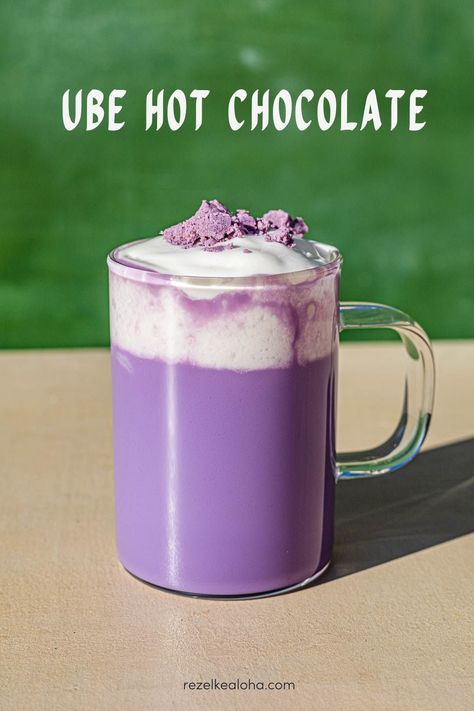 Ube Hot Chocolate Purple Hot Chocolate, Ube Drink Recipes, Ube Cold Foam, Hot Drink Aesthetic, Bakery Drinks, Hot Chocolate Whipped Cream, Ube Latte, Coconut Whip, Mixology Recipes