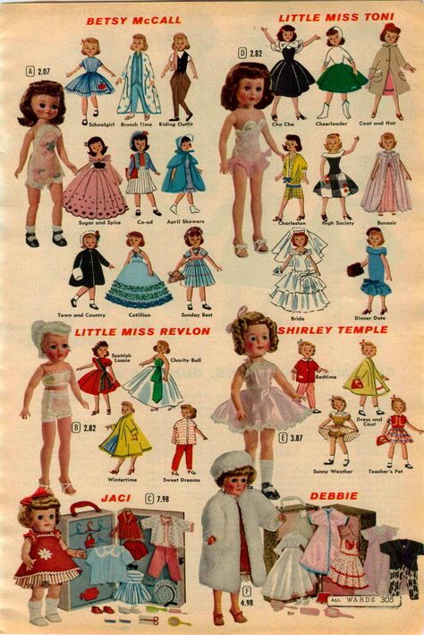 1958 Montgomery Wards featuring American Character BETSY McCall, Little Miss Toni, Little Miss Revlon, Shirley Temple, Jaci and Debbie - the next page with all the descriptions is the photo to the left Vogue Jill Doll, Vintage Christmas Toys, Toy Catalogs, Effanbee Dolls, Betsy Mccall, Glamour Dolls, American Dolls, Doll Wig, Montgomery Ward