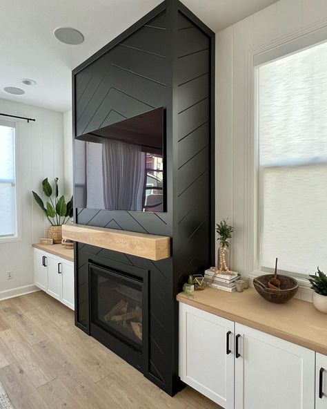 Black Accent Wall Living Room With Fireplace, Black Fireplace With Shelves, Black Vertical Shiplap Fireplace, White Vertical Shiplap Fireplace, Textured Fireplace Wall, Basement Electric Fireplace Ideas, Tv Wall Design Ideas, Wide Fireplace Ideas, Basement Fireplace Ideas