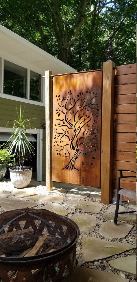 Custom Size Tree Garden Door, Large Metal Art Panels, Fencing Panels, Garden Metal, Outdoor Privacy Screens . - Etsy Tall To Short Fence Transition, Privacy Landscaping Between Houses, Backyard Privacy Ideas From Neighbors, Metal Screen Panels, Deck Around Trees, Steel Privacy Screen, Decorative Screens Outdoor, Outdoor Privacy Screens, Metal Garden Screens