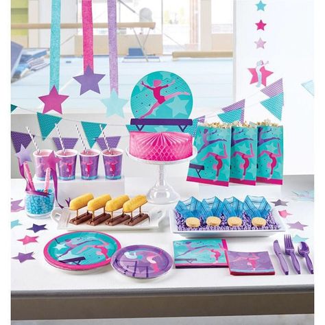 "Leap into a great party when you decorate with the Gymnastics Party Centerpiece. These paper centerpieces measure 9\" x 12\" and feature gymnasts with a pink, purple and teal theme. Sold individually, these paper centerpieces coordinate with all Gymnastics Party party supplies." Gymnastics Theme Birthday, Gymnastics Party Decorations, Gymnastics Theme Party, Gymnastics Theme Birthday Party, Gymnastics Birthday Cakes, Gymnastics Party Invitations, Creative Birthday Party Ideas, Paper Centerpieces, Gymnast Birthday Party