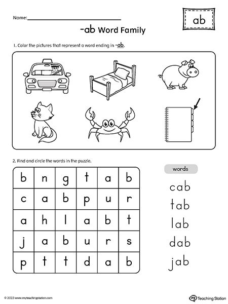 Ab Word Family, Cvc Word Fluency, Word Family Reading, Word Families Printables, Word Puzzles For Kids, Purple Aster, Kindergarten Word Families, Cross Word, Puzzle Worksheet