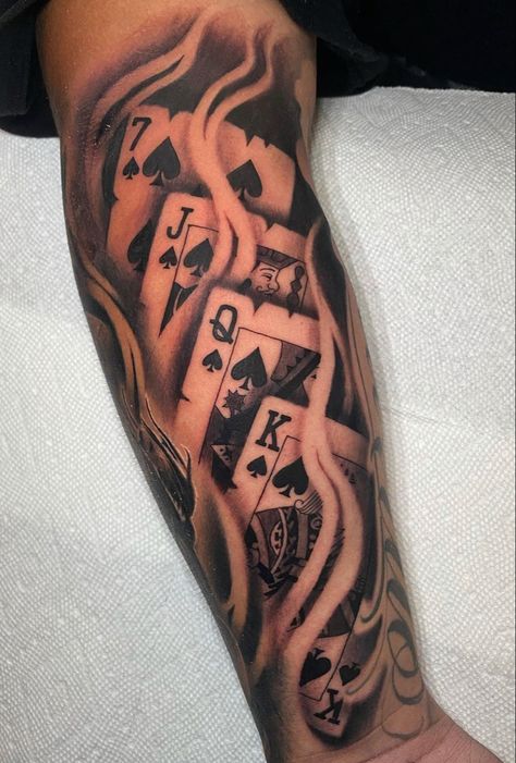 Simple Leg Tattoos, Cards Tattoo, Playing Card Tattoos, Inner Bicep Tattoo, Card Tattoo Designs, Money Tattoo, Men Tattoos Arm Sleeve, Forarm Tattoos, Forearm Sleeve Tattoos