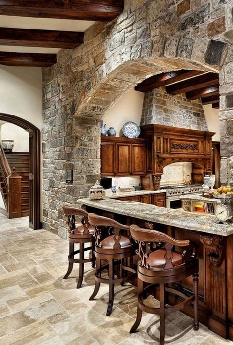 So you have always wanted to build a rustic dream home, perhaps out in the wilderness somewhere, or you just want a simple home to complement your simple lifestyle.Many homes reflect the region or terrain in which they are built, or at the very least, are more common in certain terrains. The rustic Stone Kitchen Design, Rustic Kitchen Design, Stone Kitchen, Stone Walls, Counter Tops, Style At Home, Cabin Homes, Kitchen Remodel Idea, Design Case